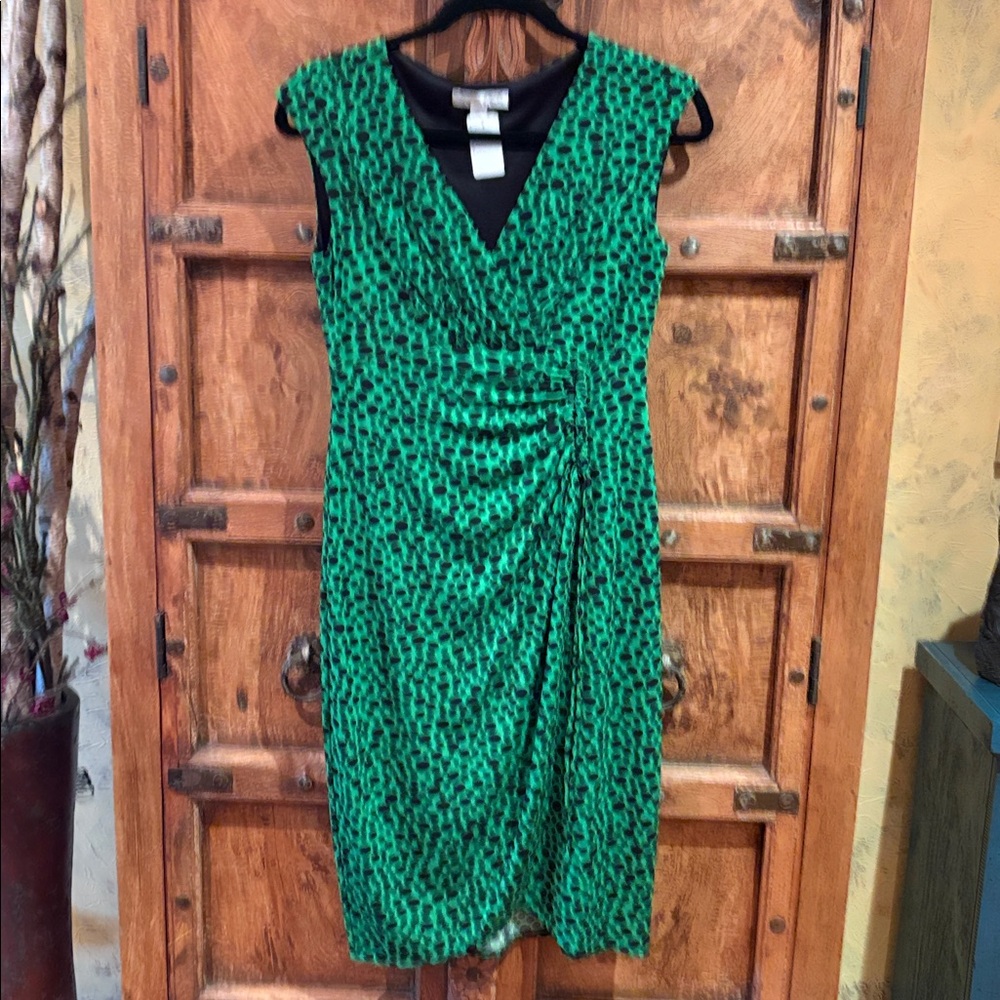 London Times Green V-Neck Ruched Sheath Midi Dress cap sleeves stretch sz 4